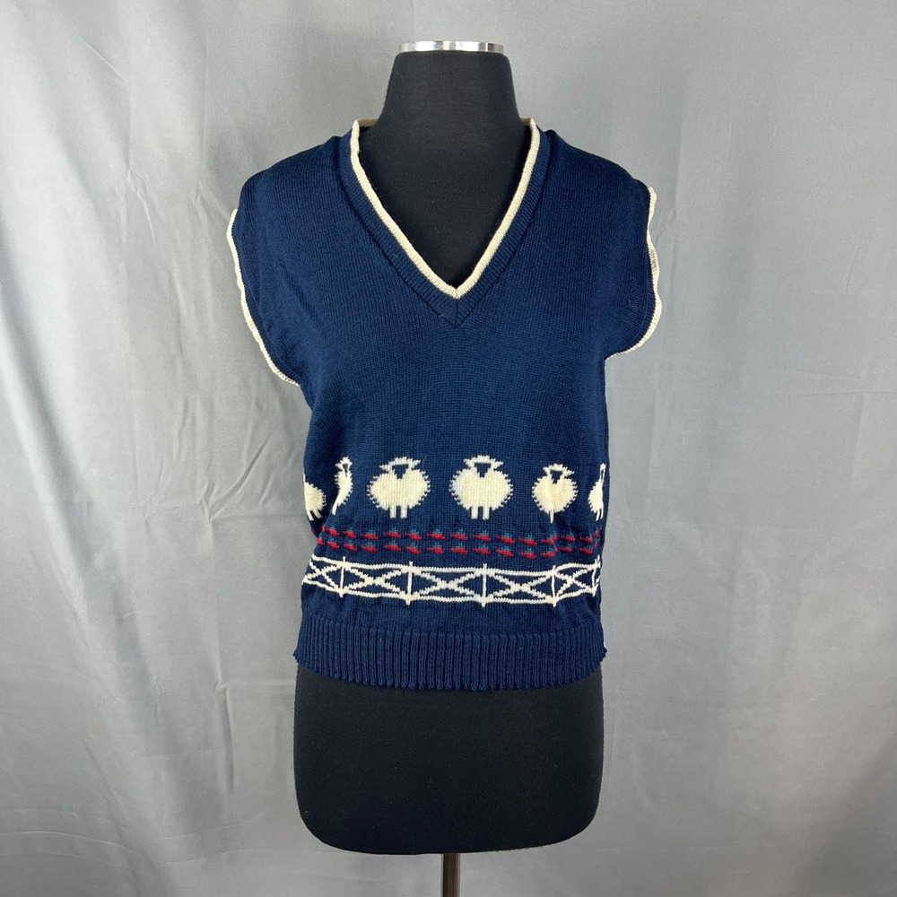 Vintage 80s Pendleton Sweater Vest Womens Medium Navy Fair Isle Wool Ribbed Trim